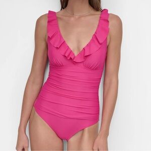 DKNY Ruffled Plunge V-Neck Shirred One-Piece Swimsuit